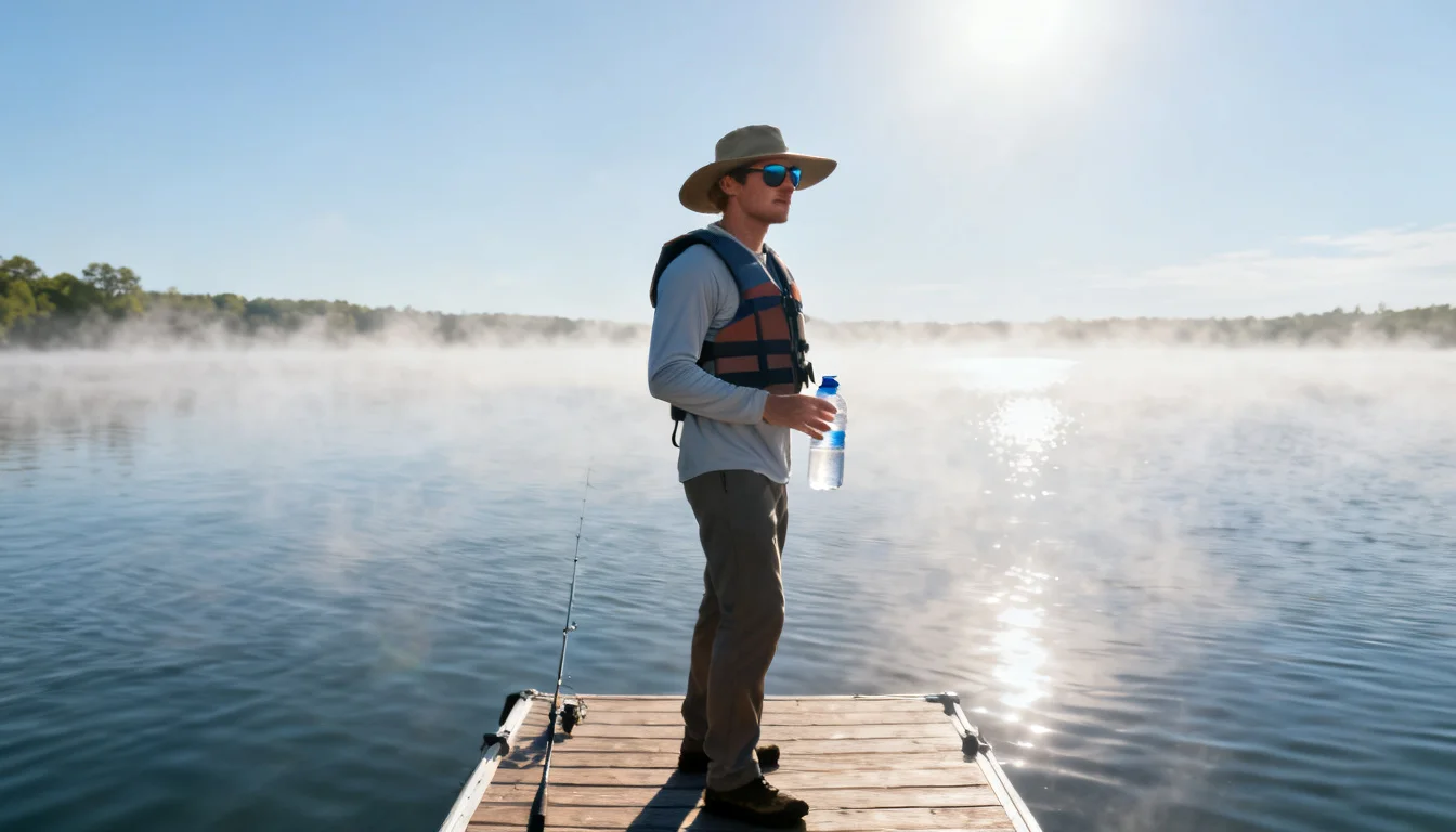 Angler in a sun hat and long-sleeve shirt hydrating on a boat in summer heat