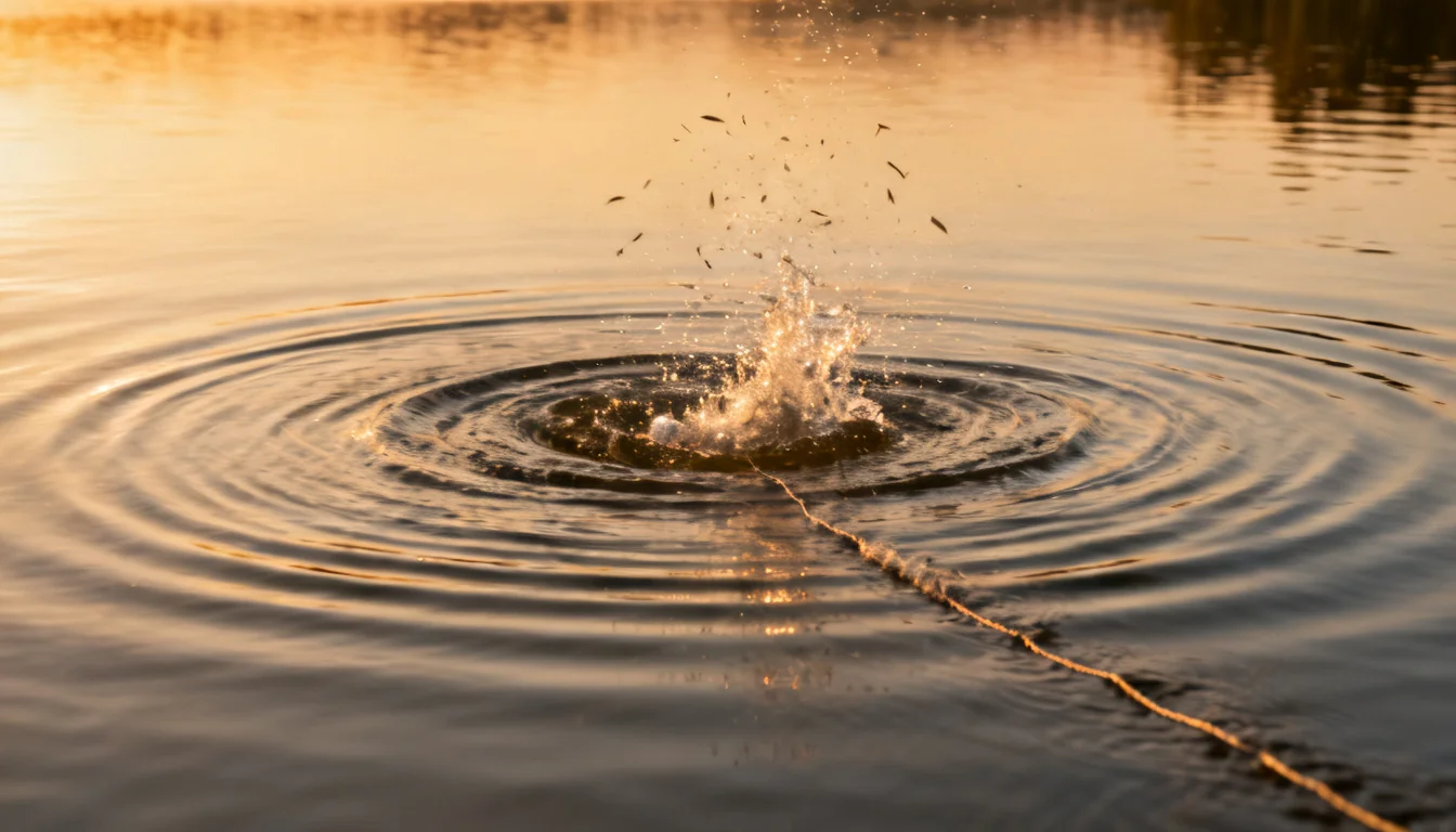 Feeding swirl on calm water where a bass struck a topwater lure at dusk
