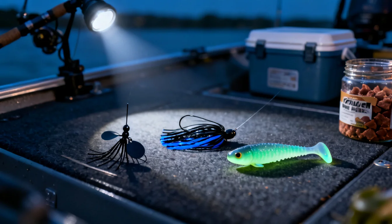 Black buzzbait, spinnerbait, jig, and glow soft plastic laid out on a dark boat deck