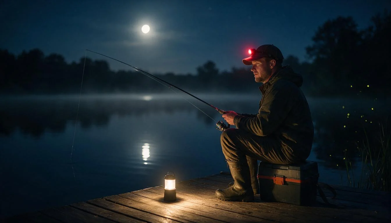 Angler night fishing from a dock with a headlamp and lantern on a moonlit lake in summer