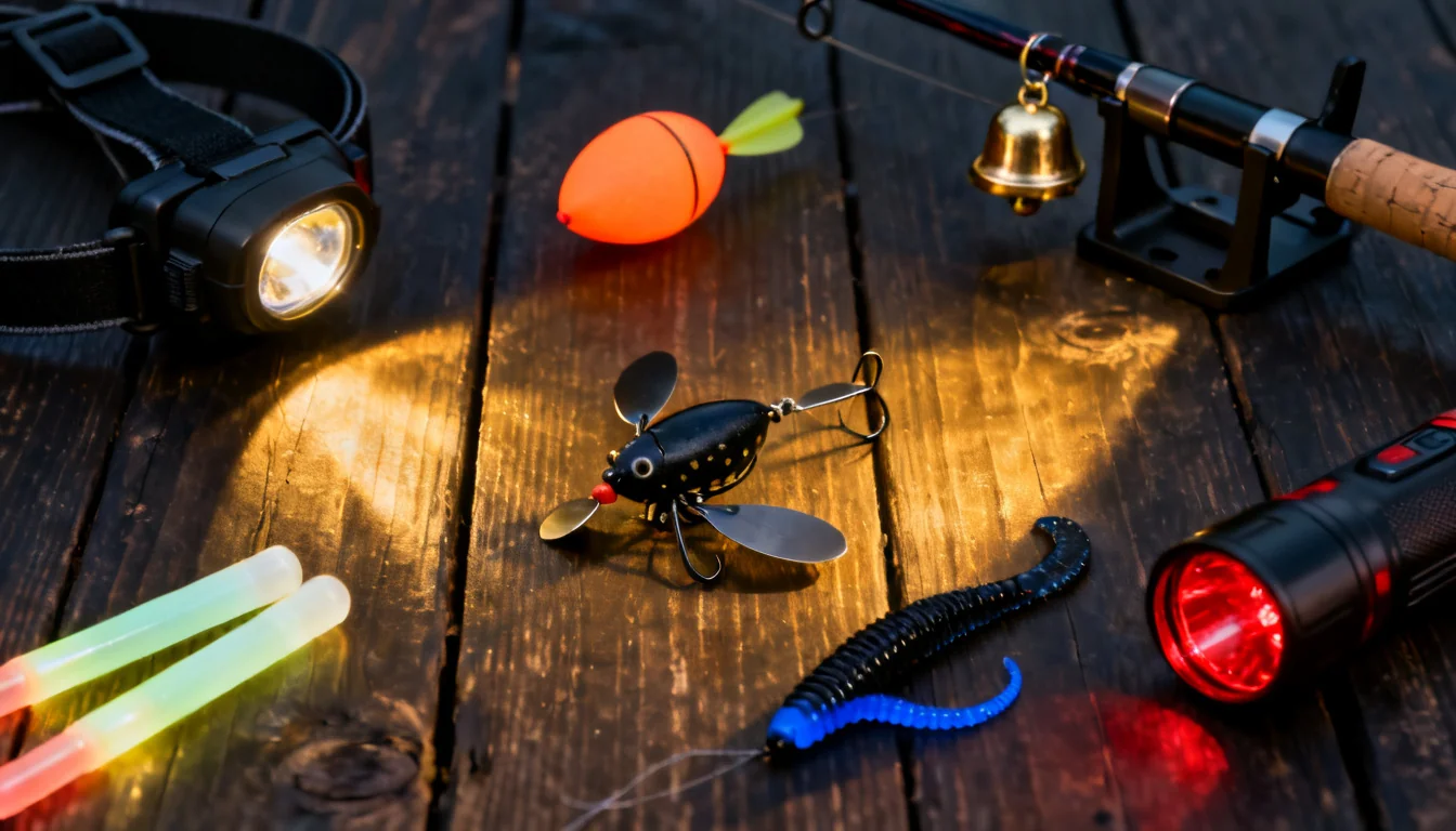 Night fishing gear arranged on dark wood: headlamp, glow sticks, luminous float, black buzzbait and jig