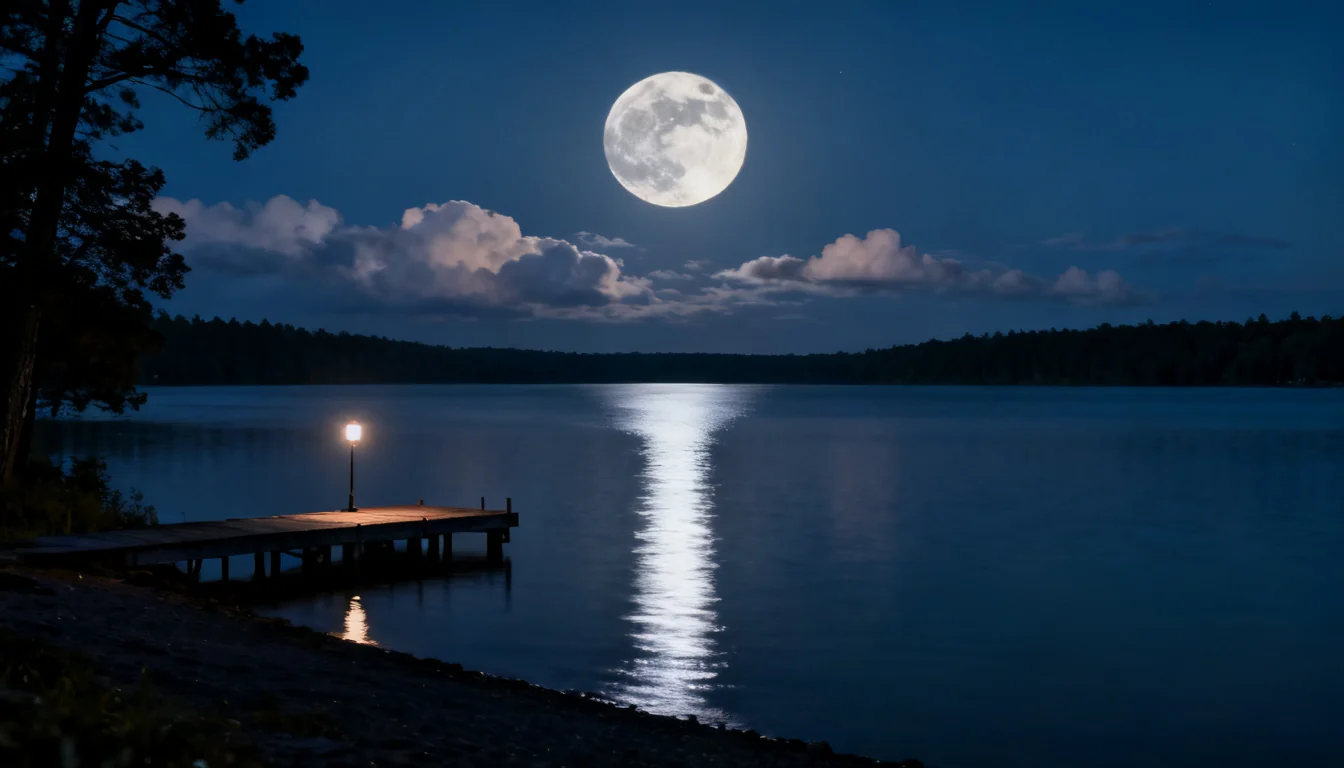 Full moon rising over a calm summer lake with its reflection in the water
