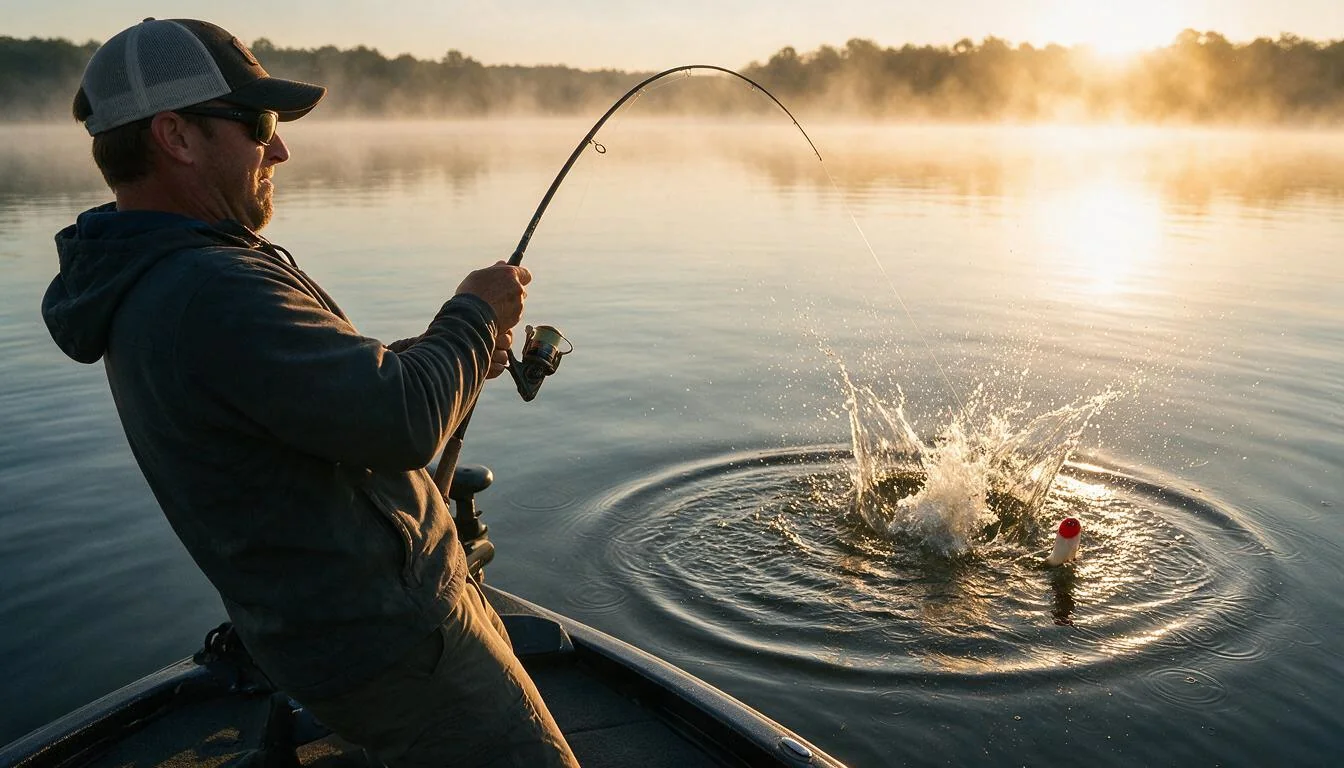 Angler fighting a bass on a topwater lure at dawn, rod bent and line tight to a surface explosion