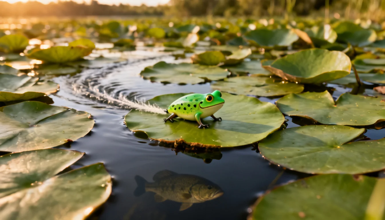 Green hollow-body frog lure crawled across lily pads with a bass shadow beneath