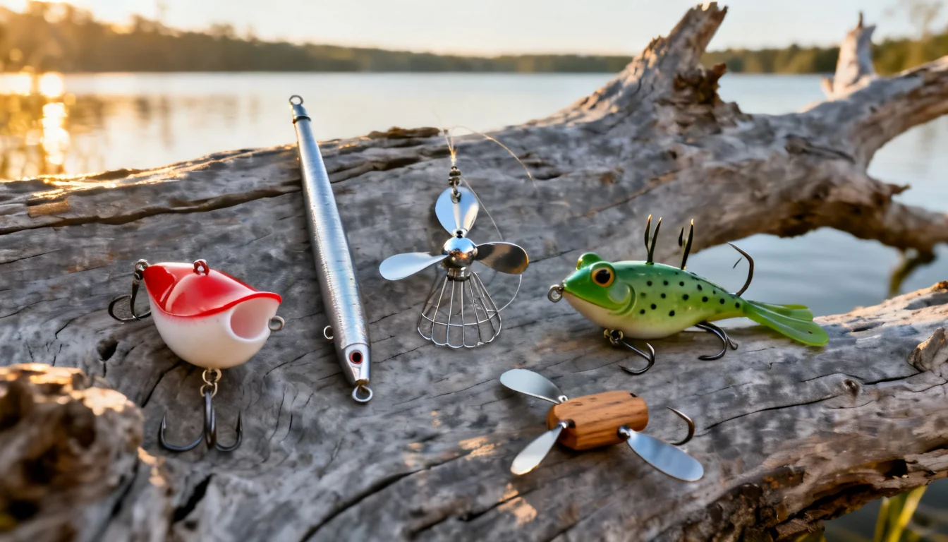 Five topwater lures: popper, walking bait, buzzbait, frog, and prop bait on driftwood