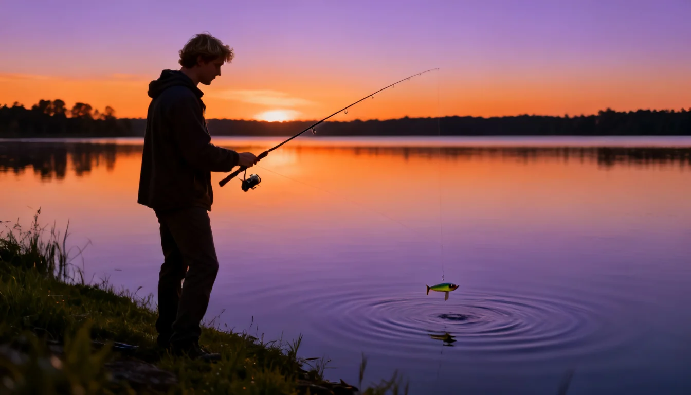 Angler working a popper across a calm lake at dusk with the rod tip low