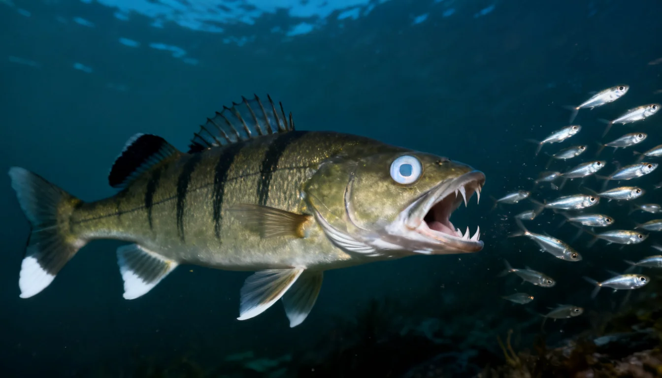 Walleye attacking a school of small baitfish in low light