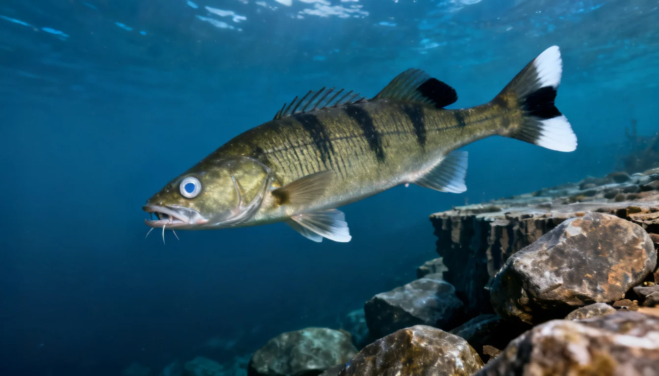 Walleye holding near a rocky reef ledge in deep lake water