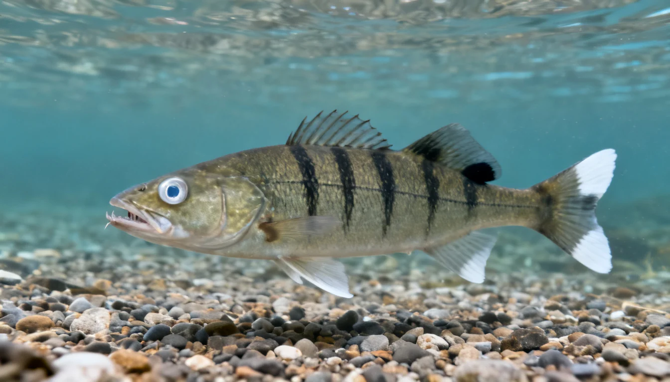 Walleye side view showing the white-tipped tail and dorsal fin blotch