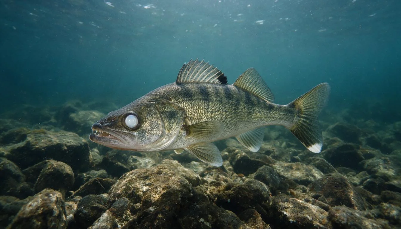 Walleye swimming over a rocky reef in a clear northern lake
