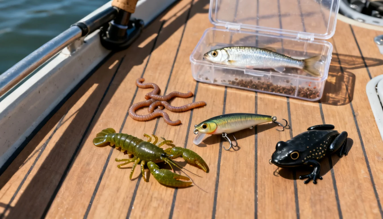 Natural baits and lures laid out on a boat deck