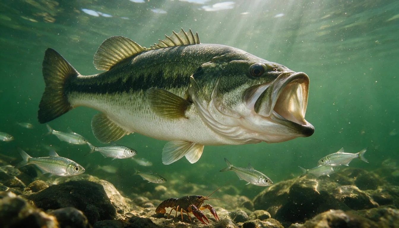 Largemouth bass hunting shad and crayfish in clear water