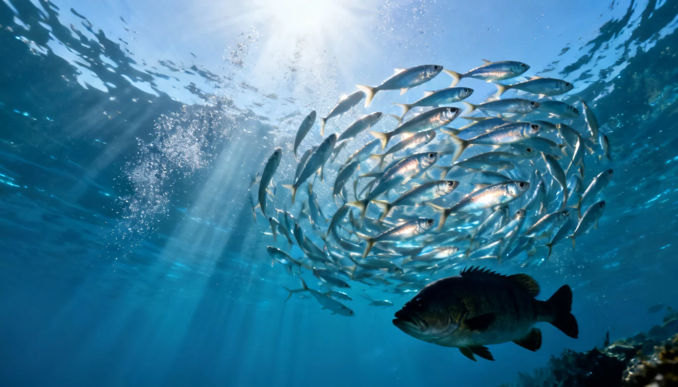 School of silvery shad baitfish in clear water