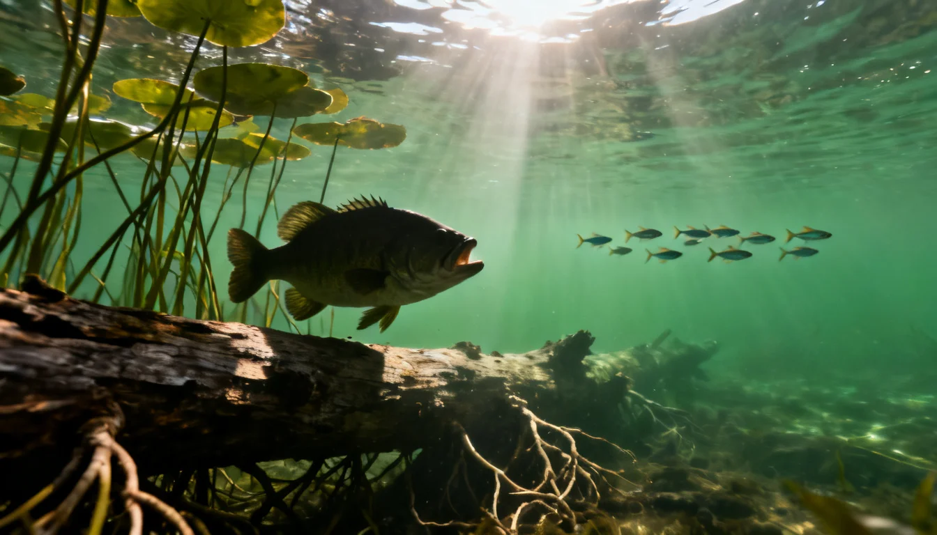 Largemouth bass ambushing from cover beside a fallen tree