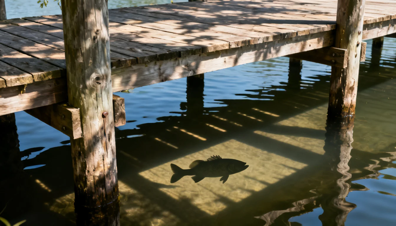 Under a dock — posts, shade and a bass holding in the shadows