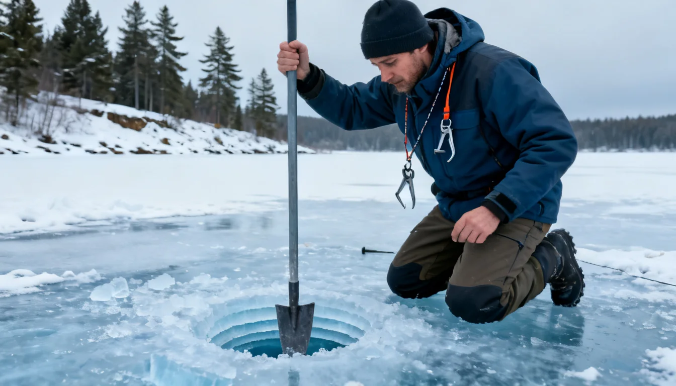 Angler checking ice thickness with a spud bar on a frozen lake