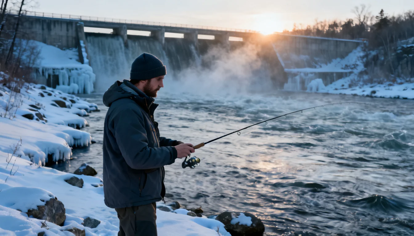 Angler fishing a tailwater river from a snowy bank in winter