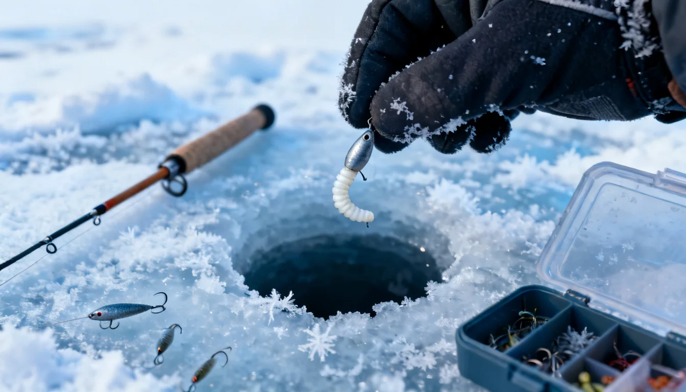 Tiny tungsten ice fishing jig tipped with a waxworm held over an ice hole