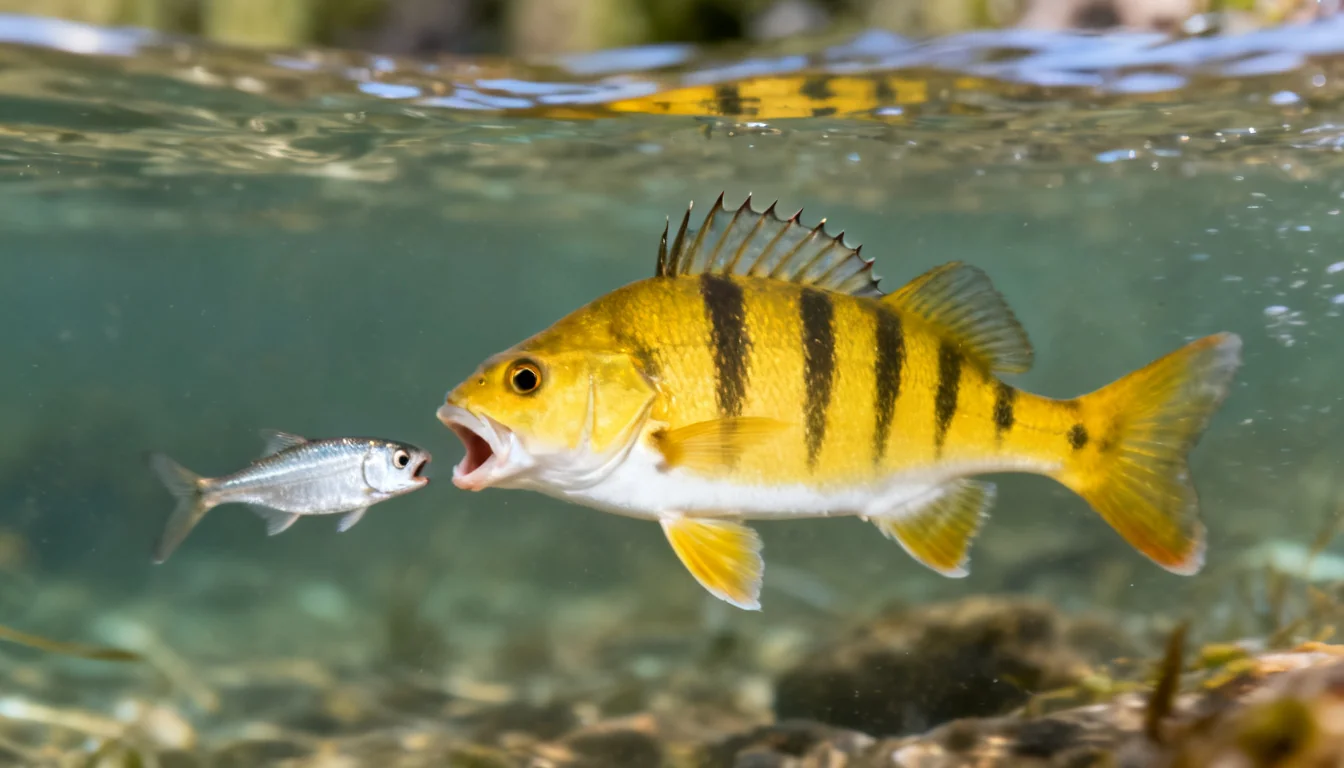 Yellow perch chasing a small minnow underwater