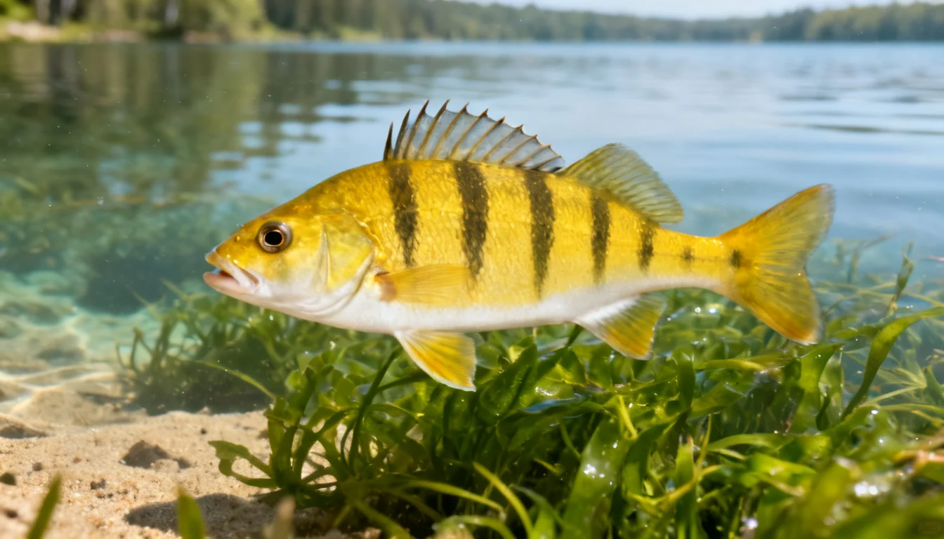Yellow perch over a weed bed in a clear lake