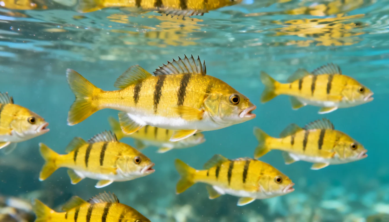 School of yellow perch showing dark vertical bars and two dorsal fins