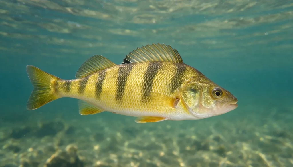 Yellow perch swimming in clear freshwater