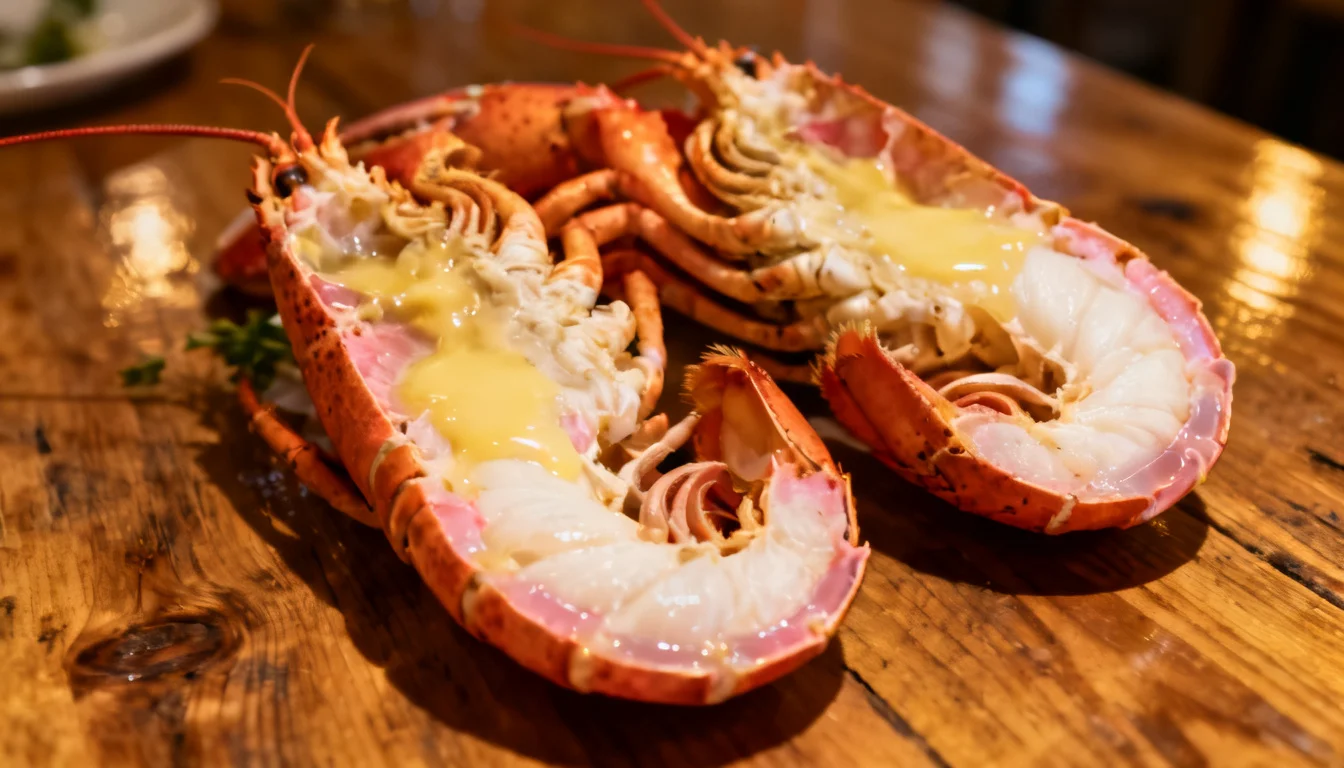 Split cooked American lobster halves with melted butter on a wooden board