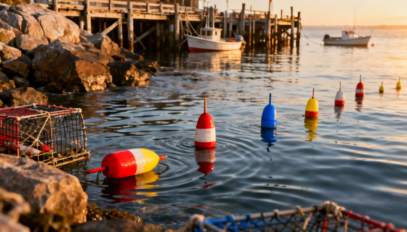 Lobster buoys and a wire trap along a rocky harbor shore with a wooden pier and boats