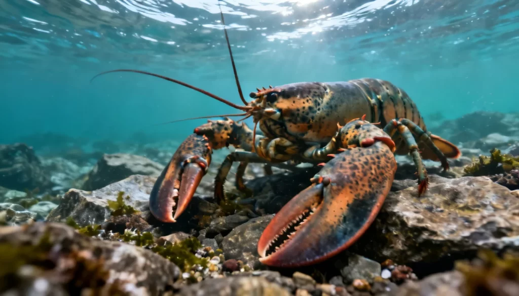 American lobster (Homarus americanus) resting on a rocky New England seafloor