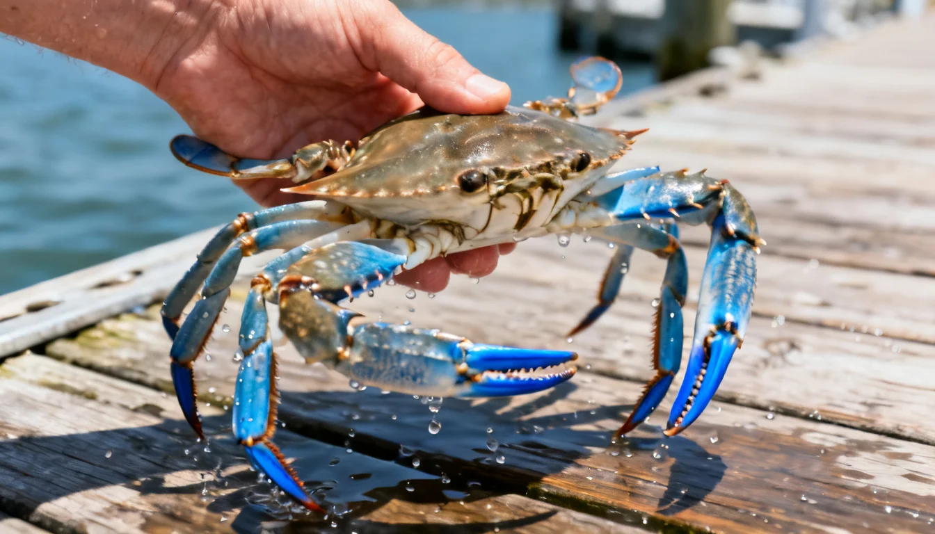 Hand holding a blue crab above a wooden dock showing its blue claws and legs