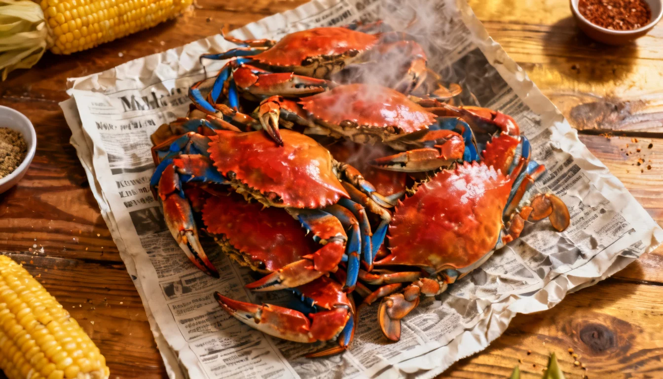 Steamed blue crabs piled on newspaper with corn cobs on a wooden table