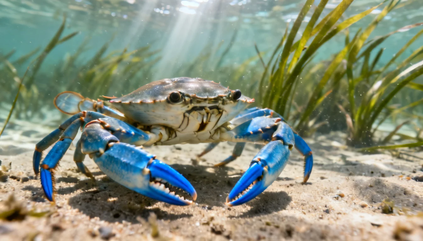 Blue crab (Callinectes sapidus) with blue-tipped claws on a sandy bay bottom