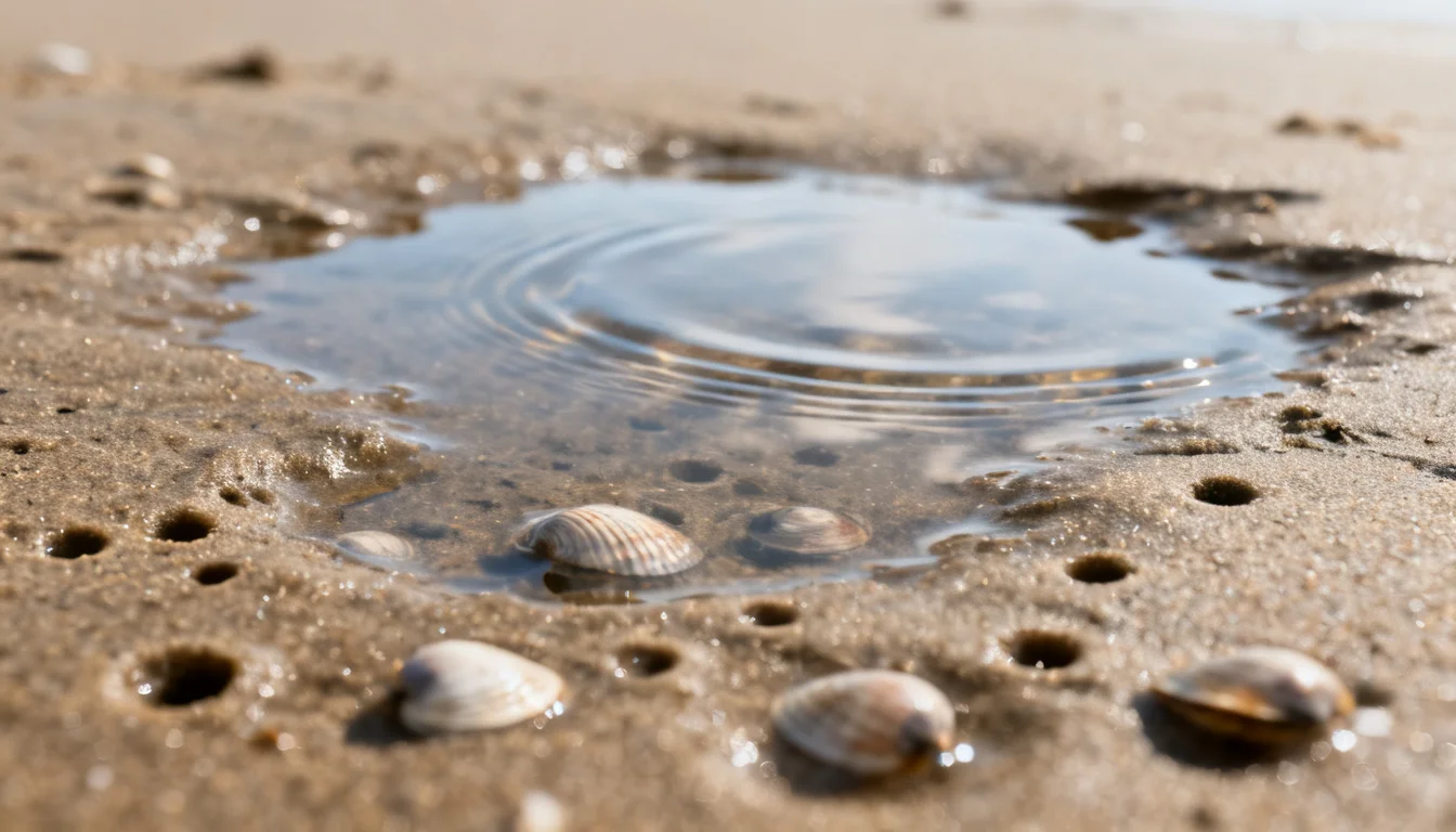 Wet sand dimples and siphon holes in a shallow puddle at low tide