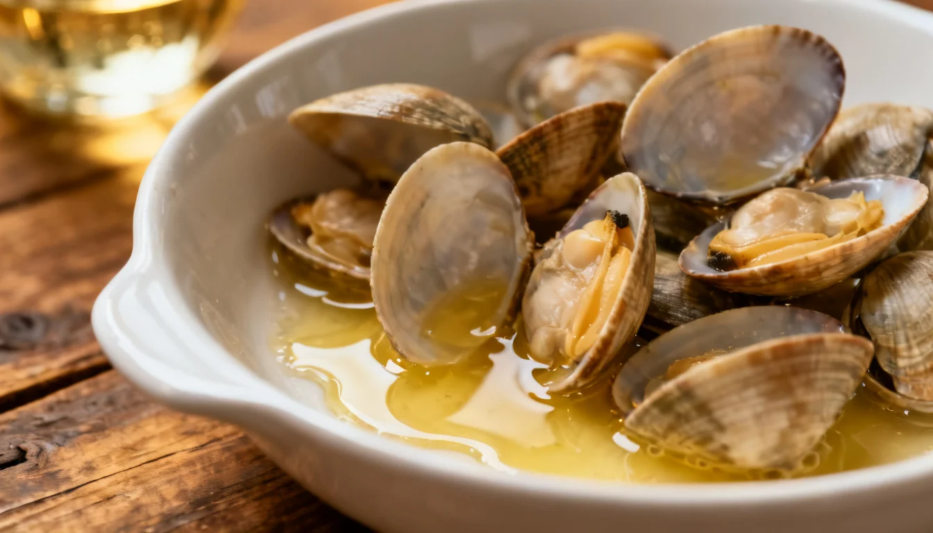 Bowl of steamed clams in golden broth on a wooden table