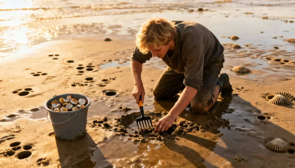Clam digger working wet sand flats with a clam rake at low tide