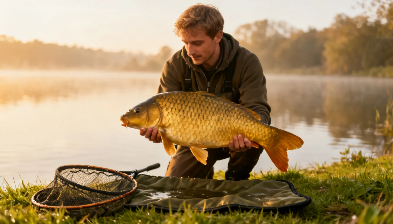 Angler holding a large golden common carp on a grassy lake bank