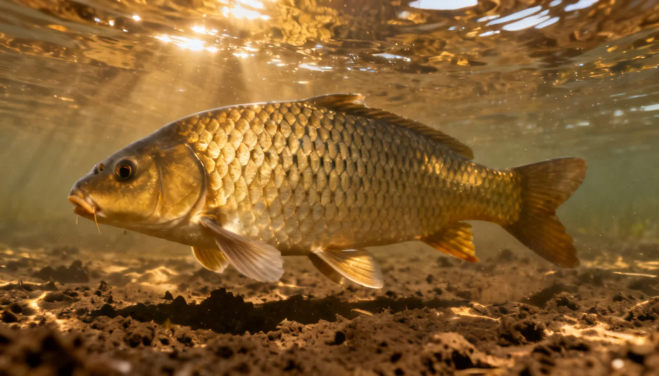 Common carp swimming over a muddy lake bottom