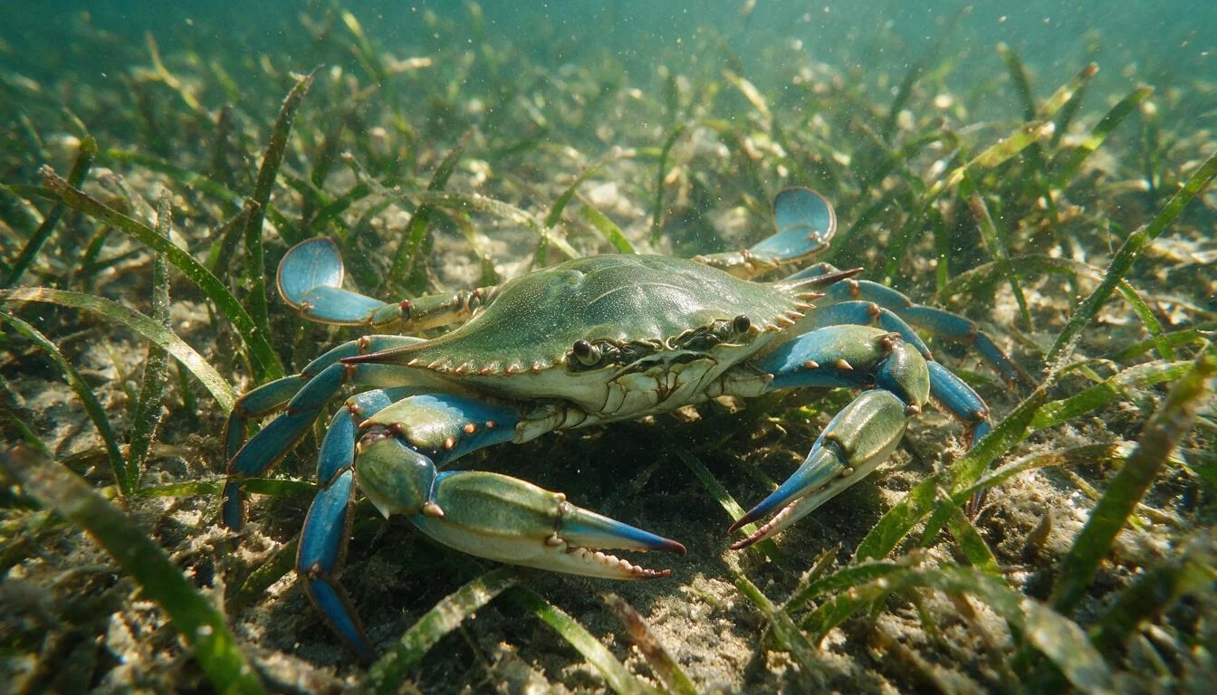 Blue crab on eelgrass in shallow estuarine water