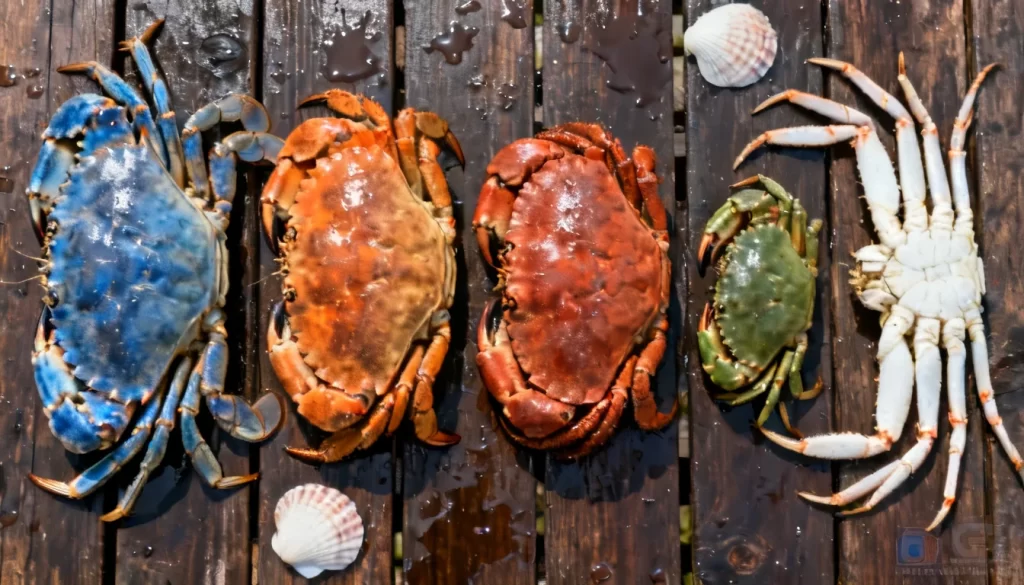 Five whole raw crabs of different species laid out on wet wood
