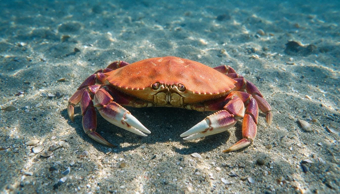 Dungeness crab on sandy bottom showing the toothed front edge and white-tipped claws