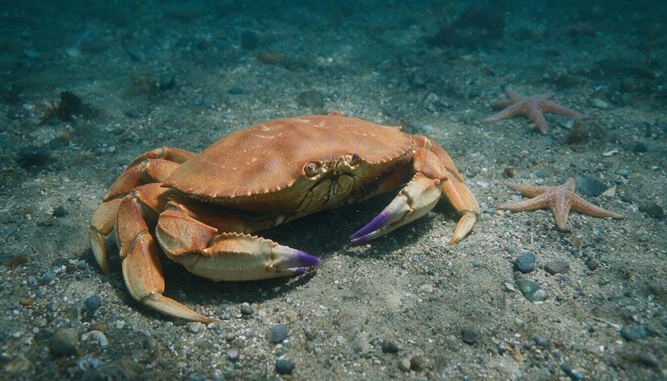 Rock crab with dark-tipped claws on a gravel bottom