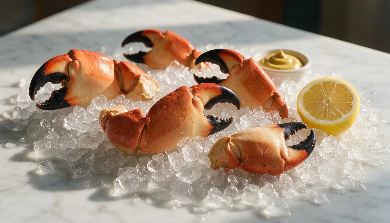 Cooked stone crab claws on ice with lemon and mustard sauce