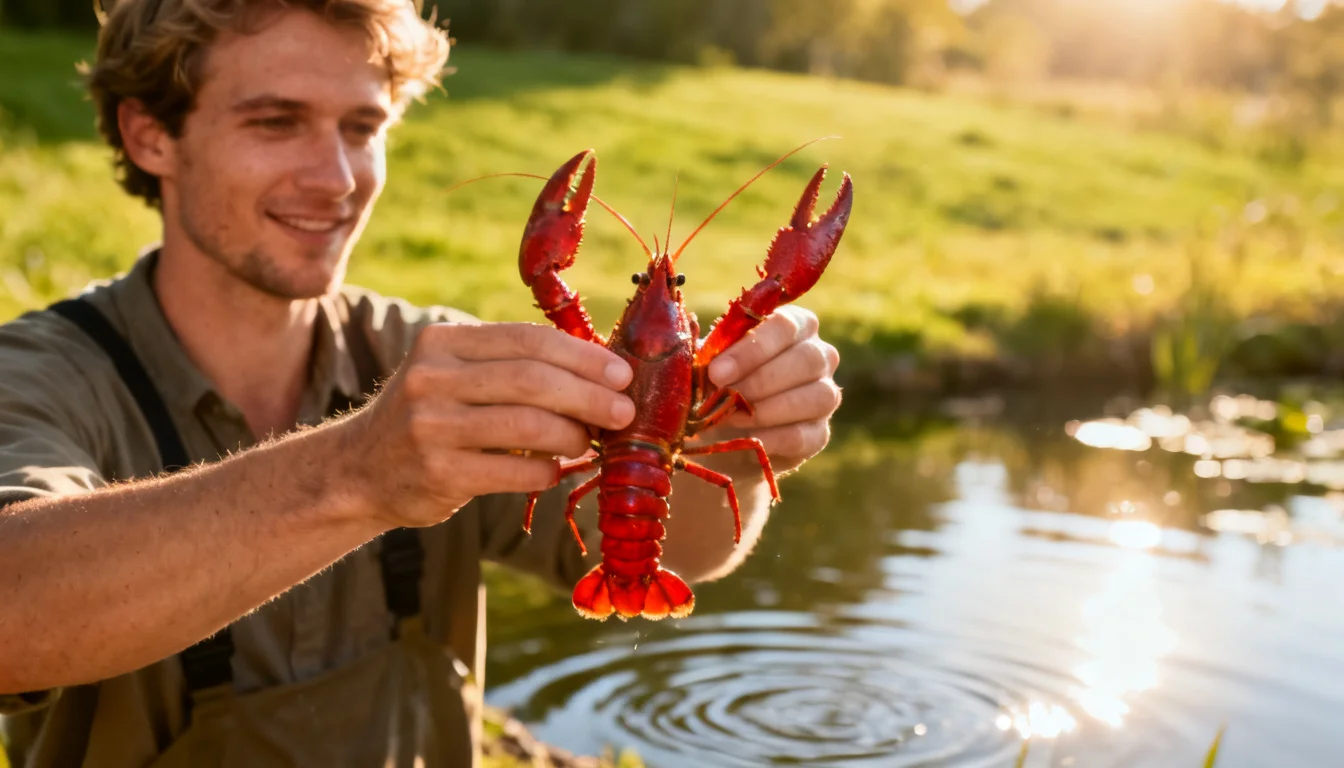 Angler in waders holding a large red crawfish over rippling shallow water