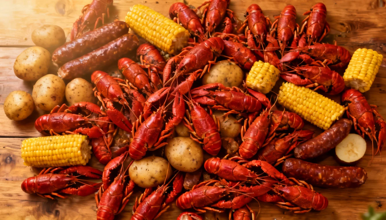 Crawfish boil with corn, potatoes, and sausage spread on a wooden table