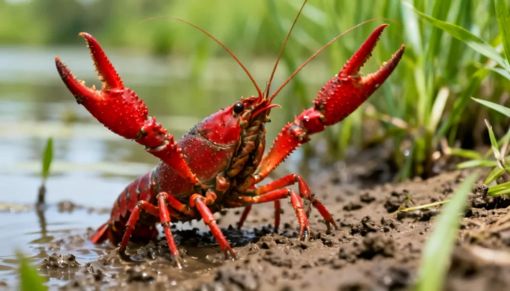 Red swamp crawfish in shallow freshwater bayou water