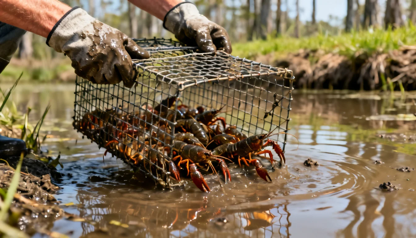 Gloved hands lifting a wire mesh crawfish trap full of crawfish from muddy water