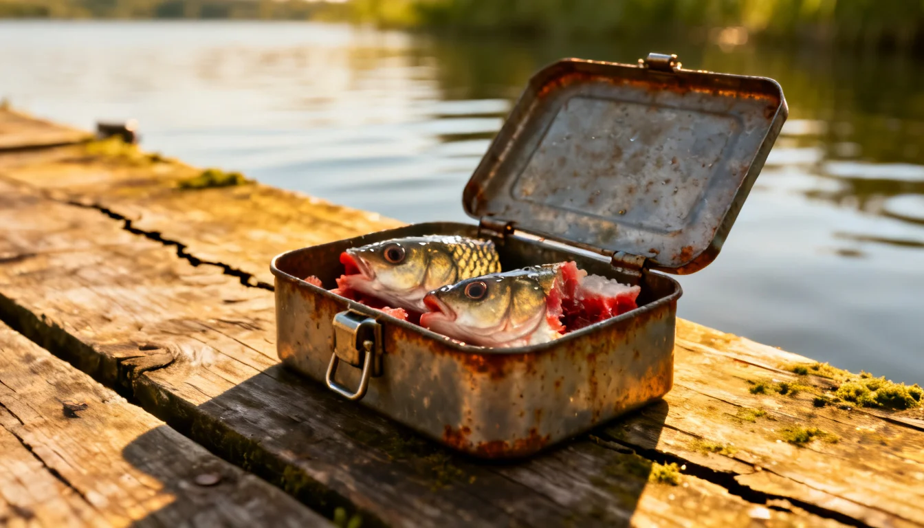 Open metal bait box holding fish heads on a wooden dock beside the water