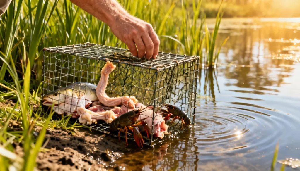 Baited crawfish traps set along a muddy bayou bank
