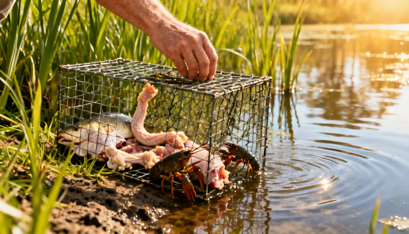 Baited crawfish traps set along a muddy bayou bank