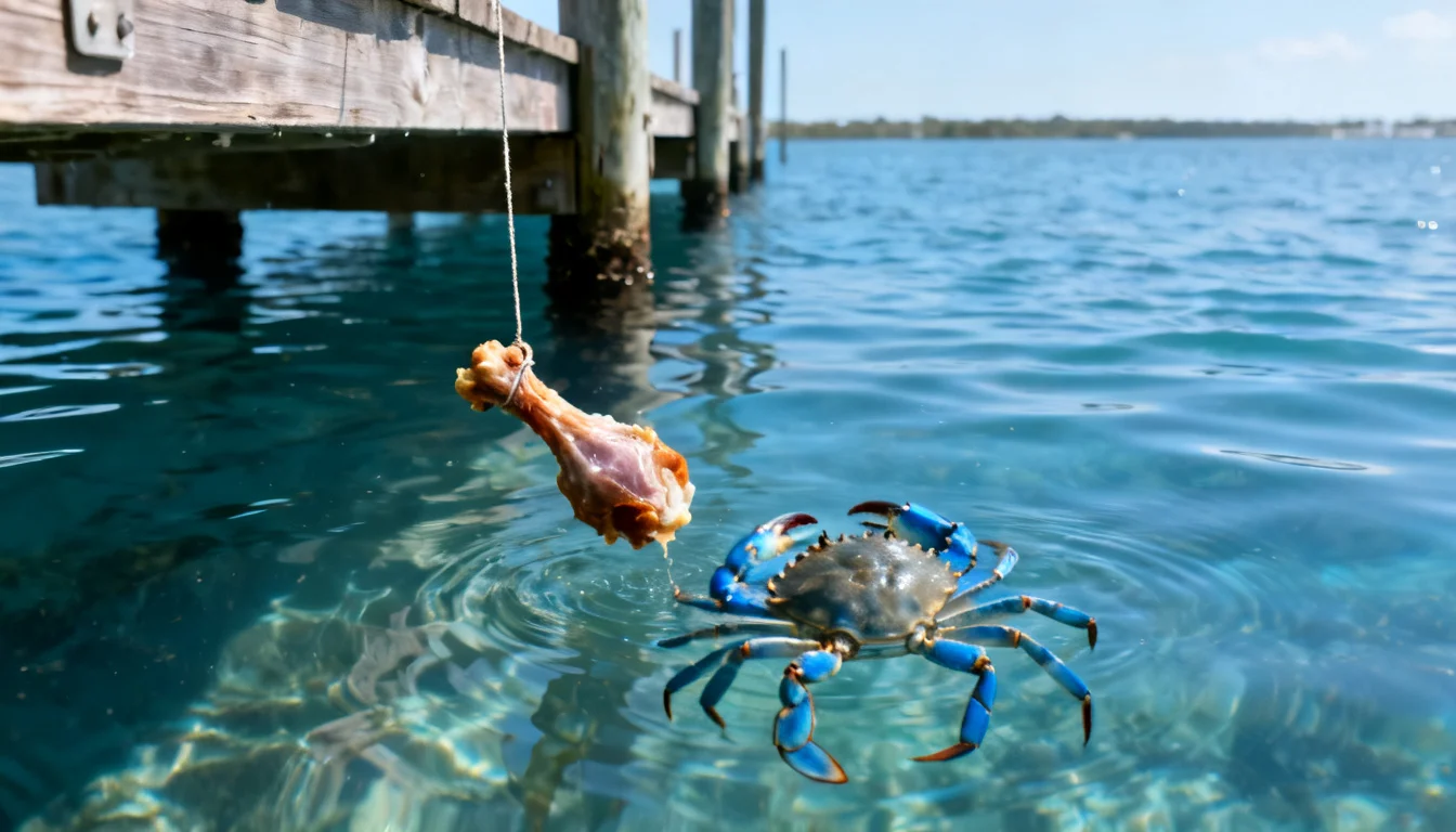 Blue crab reaching toward a baited chicken neck on a hand line beside a wooden dock